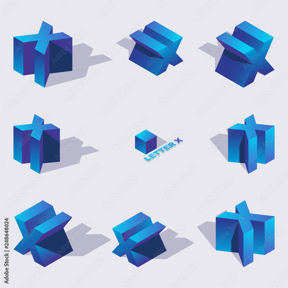 Poster vector education collection with cyrillic or latin letter x in isometric style with shadows and grad