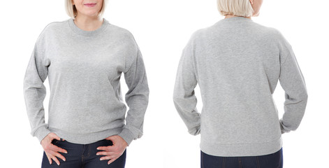 Shirt design and fashion concept. Woman in gray sweatshirt front and rear, gray hoodies, blank...
