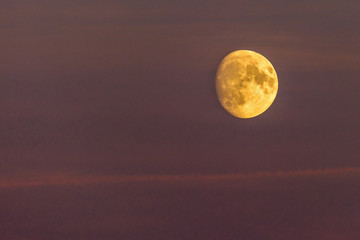 The moon rising against a purple colored sky during sunset