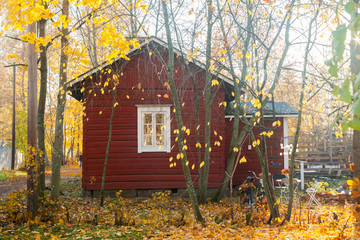 KOUVOLA, FINLAND - OCTOBER 15, 2018: Beautiful autumn in old rustic museum district of Kouvola - Kaunisnurmi