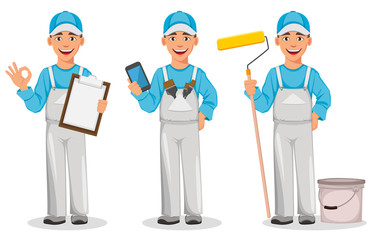 Painter man, set of three poses. Decorator