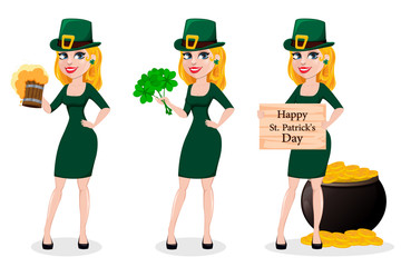 St. Patrick's Day. Woman in costume of Leprechaun
