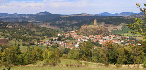 Fototapeta na wymiar Landscapes of France. Auvergne. Panorama of medieval fortress and village