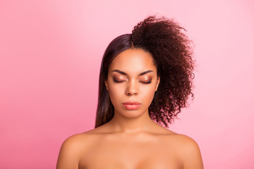 Close-up portrait of her she nice groomed glamorous adorable lady perfect shine pure smooth clean clear flawless silky skin two side different hair isolated over pink pastel background