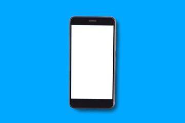 Single black smartphone with isolated blank white screen in center on blue background. Top view