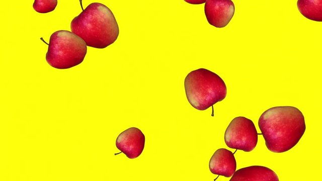 Beautiful Abstract colorful animation of Red Apples falling and rotating against yellow background. Abstract background, 4K. 