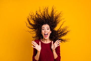 Close up photo amazing charming her she lady hair flight yell scream shout free trip abroad...