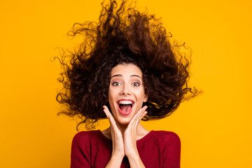 Close up photo amazing charming her she lady hair flight yelling loud funky good news summer...