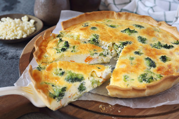 French cuisine, crab sticks quiche with broccoli  and grated cheese