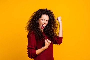 Close up photo amazing beautiful her she lady all possible yelling voice raised fists in delight...