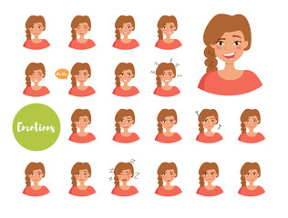 Woman with different emotions. Joy, sadness, anger, talking, funny, fear, smile. Set. Isolated illustration on white background. Vector. Cartoon. Flat. Face expressions