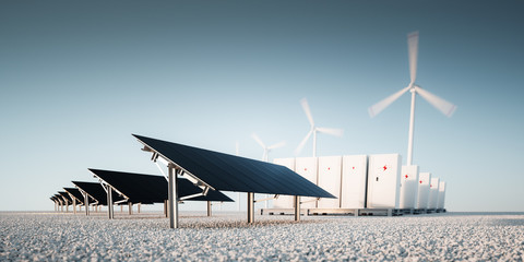 Concept of renewable energy storage at bright clean blue sky environment. Modern black photovoltacis, modular battery energy storage system and a wind turbine system in the background. 3d rendering. © malp