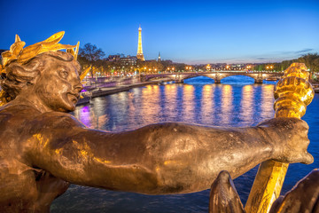 Alexandre III bridge against Eiffel Tower at night in Paris, France
