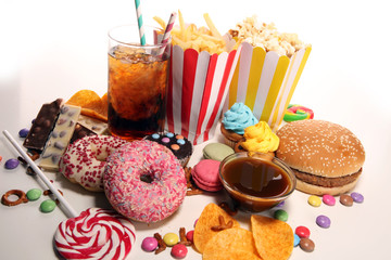 Unhealthy products. food bad for figure, skin, heart and teeth.