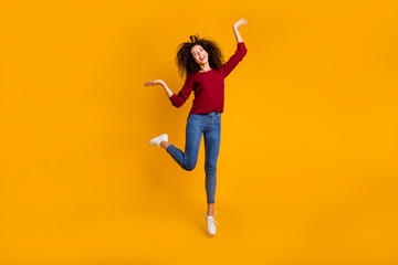 Fototapeta na wymiar Full length body size view of her she nice attractive cheerful cheery free slim fit wavy-haired lady enjoy rejoice good day daydream isolated on bright vivid shine orange background