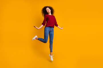 Fototapeta na wymiar Full length body size view of her she nice attractive cheerful cheery glad funny free slim thin fit wavy-haired lady good day daydream easy walk isolated on bright vivid shine orange background