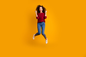 Full length body size view of her she nice crazy attractive cheerful cheery glad funny ecstatic slim thin fit wavy-haired lady satisfaction isolated on bright vivid shine orange background