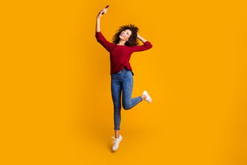 Fototapeta na wymiar Full length body size view of her she nice cute lovely attractive cheerful slim thin fit wavy-haired lady taking making selfie having fun isolated on bright vivid shine orange background