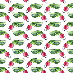 Seamless pattern of fresh radishes with tops. Hand drawn watercolor illustration on white background.