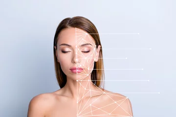 Papier peint photo intissé Product advertising anti-age uplift concept. Close-up portrait of nice cute attractive lady perfect shine flawless clean clear closed eyes structure points plan isolated on gray blue pastel background