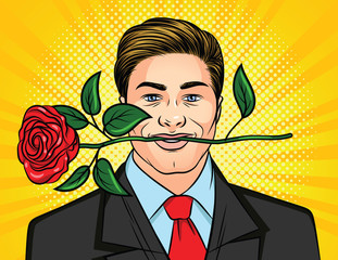Color vector illustration for Valentine's Day in the style of pop art. A man holds a rose in his teeth. Handsome man in a suit with a flower in his mouth. Poster for Women's day man with a gift.