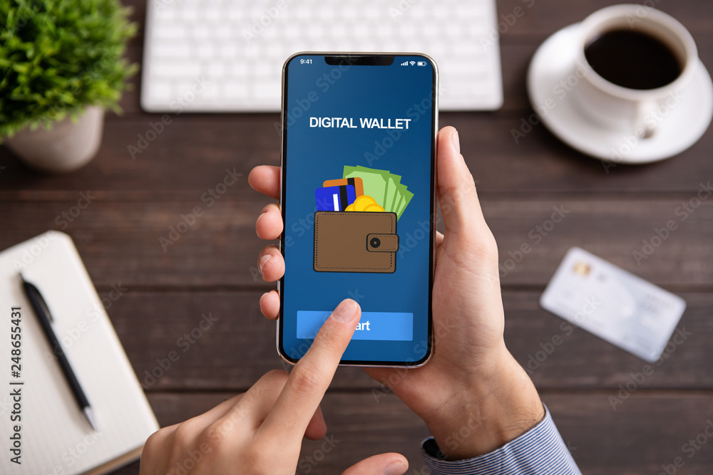Aufkleber man holding smartphone with digital wallet application