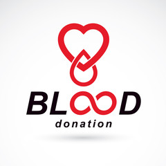 Blood donation inscription isolated on white and created with vector red blood drops, heart shape and infinity symbol. Medical theme graphic logo for use in charitable organizations.