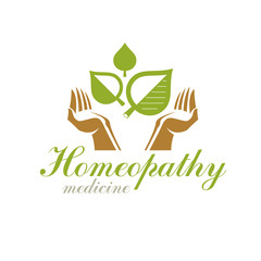 Caring hands holding green spring leaves. Medical rehabilitation abstract logo.