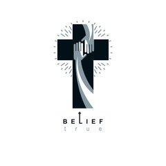 Christianity Cross true belief in Jesus vector symbol, Christian religion icon. Hand of believer extends to the hand of God, helping and love of Jesus.