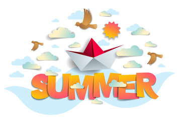 Fototapeta na wymiar Summer papercut word with origami folded toy ship birds sun and clouds vector modern style cartoon paper cut 3d illustration. Summertime vacations and holidays theme.