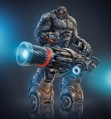 Alien cyborg transformer holding fiery gun concept illustration
