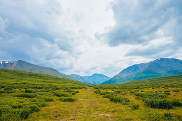 Fototapeta na wymiar Spectacular view of distant giant mountains. Footpath through valley in highlands. Hiking path. Wonderful huge mountain range under cloudy sky. Amazing dramatic green landscape of majestic nature.