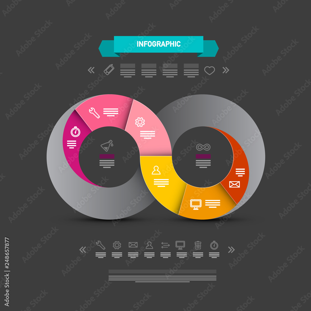 Poster infinity symbol infographics. vector business endless concept with data flow chart. icons and sample