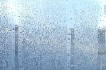 sky view from Water drops on window after rain natural texture as background