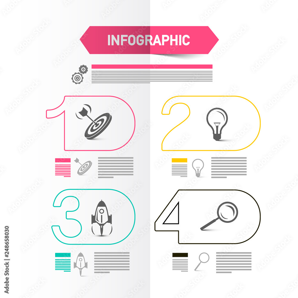 Aufkleber four steps modern web presentation with icons and sample texts. vector infographics design. business