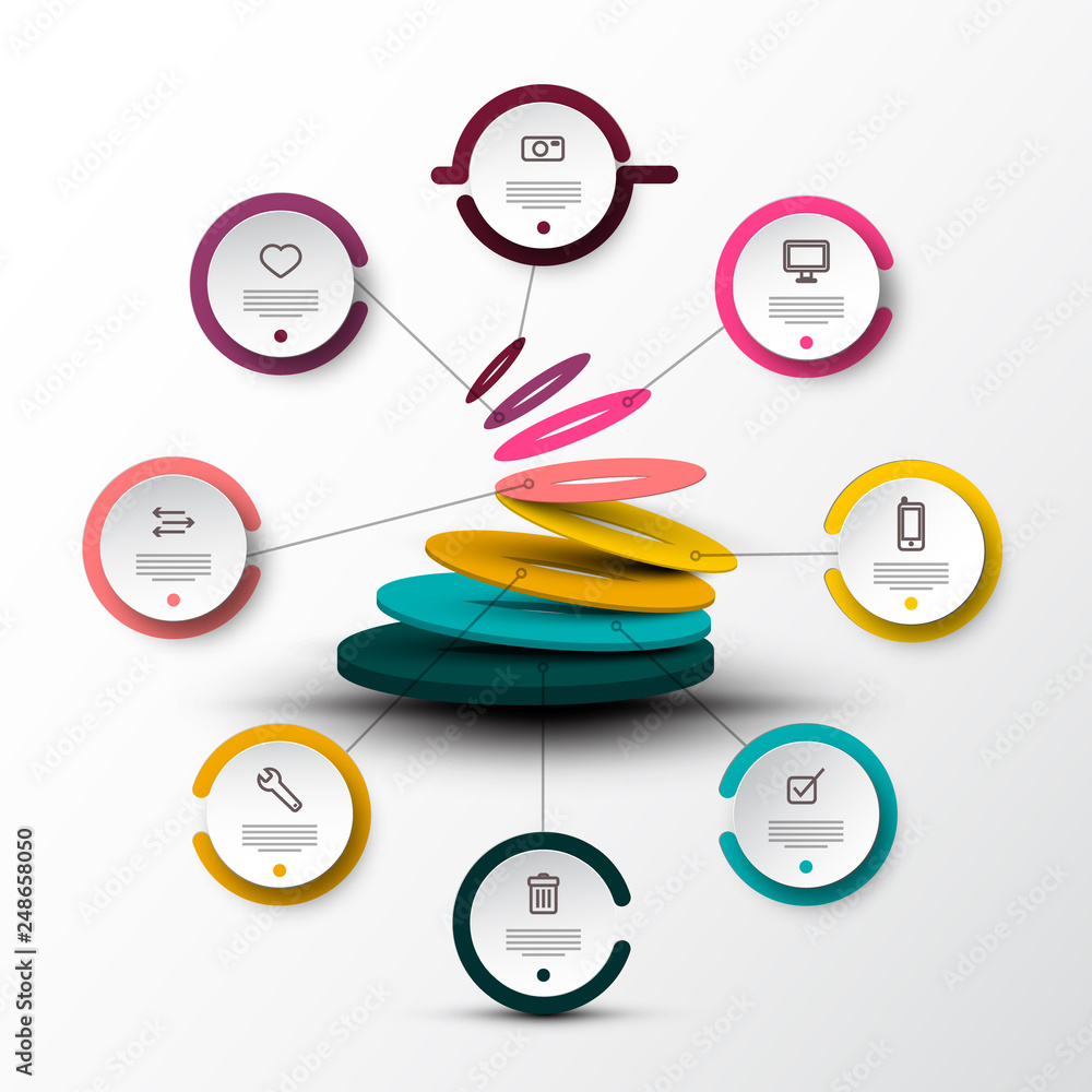 Poster eight steps company web infographic concept with sample text and icons on colorful paper cut circle 