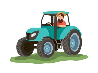 a man sits in a blue tractor and looks out the window