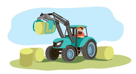 The farmer drives a tractor and loads hay