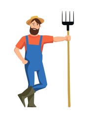 Cheerful farmer stands and leans on the pitchfork