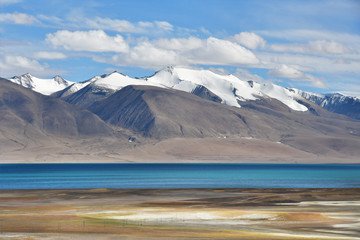 China, Tibet. Clouds above lake Chovo Co (4765 m), located at the foot of the snowy mountains of Koding Kangri (6666 m)