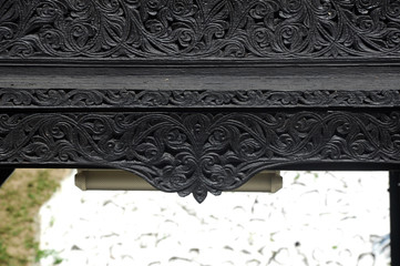 Traditional Malay handmade woodcraft at traditional Malay Negeri Sembilan House. The house was located at the Negeri Sembilan Cultural Art Centre, Malaysia.  
