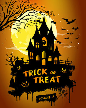 Halloween night background picture with creepy castle, pumpkins and hand lettering "Trick or Treat". Vector elements for banner, greeting card halloween celebration, halloween party poster.