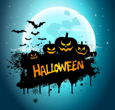 Halloween night background picture with pumpkins and hand lettering "Halloween". Vector elements for banner, greeting card halloween celebration, halloween party poster.