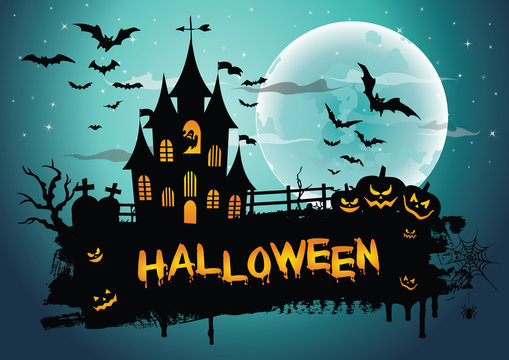 Halloween night background picture with creepy castle and pumpkins. Vector elements for banner, greeting card halloween celebration, halloween party poster.