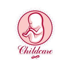 Vector embryo emblem. New life beginning drawing. Medical center for pregnancy assistance conceptual symbol