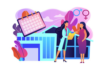 Doctor provides health services to pregnant woman and during labour. Maternity services, maternal perinatal health, pregnancy and birth care concept. Bright vibrant violet vector isolated illustration