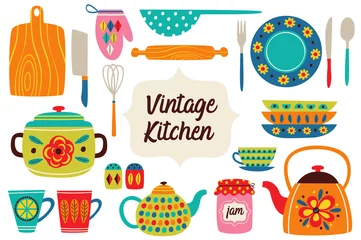 Fototapete Küche Satz von isolierten Vintage-Küchenutensilien Teil 1 - Vektor-Illustration, eps