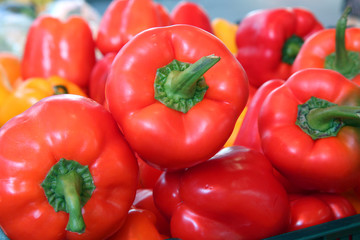 red and yellow peppers. mixed colors bell peppers close up top view