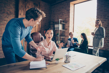Close up photo business people he him his she her modern office lawyer attorney analyst manager banker boss chief occupation say rules explanations about week working plans dressed formal wear