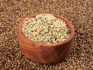 Bowl of shelled hemp seeds. Dietary supplement rich in protein and fibre.